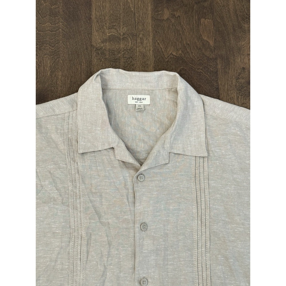 Haggar Mens Beige Linen Blend Button Down Short Sleeve Shirt Size 2XL Pleated